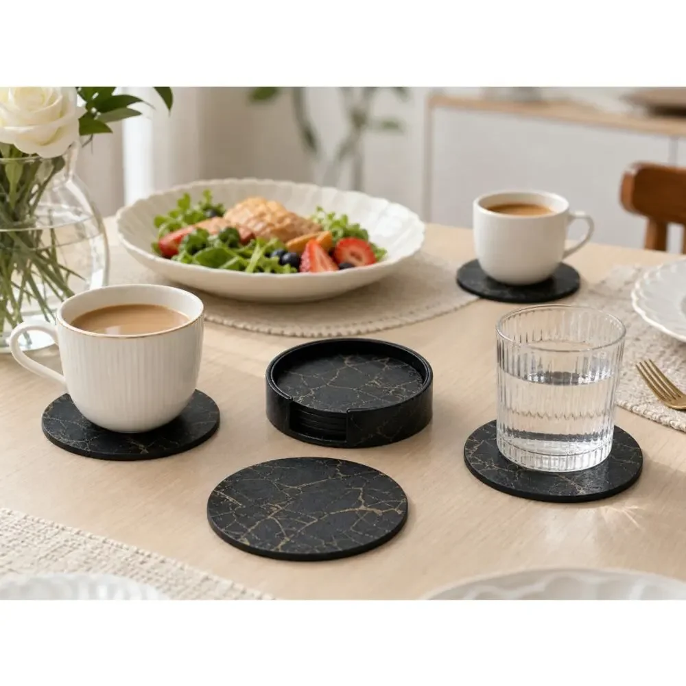 Black Gold Marble Double Sided PU Leather Coasters with Matching Storage Holder